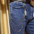 Three-layer silver metal pants chain with feather pendant on blue jeans and leather belt - Ring Feather Pendant