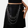 Close-up of silver multilayer metal waist chain with pentagram stars and lobster clasps - Star Multi-layer Pants Chain