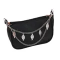 Detail of black PU leather bag with silver double chain and hollow leaf charms - Double Layer Leaf Bag Chain