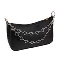 Black faux crocodile leather underarm bag with decorative silver heart-shaped chain links - Double Layer Hollow Heart Bag Chain