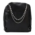 Close-up of black litchi grain faux leather bag with pearl and silver metal chain detail - Pearl Double Layer Chain