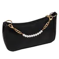 Schwarze Handtasche mit Krokodilmuster, Perlen und goldener Metallkette Dekor - Gold