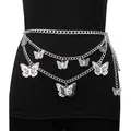 Silver multi-layer metal waist chain featuring hollow butterfly pendants on black outfit - Layered Butterfly Waist Chain