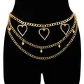 Golden multi-layer metal waist chain with rhinestone heart pendants for women - Layered Heart Style / Gold