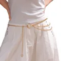 Gold multi-layer metal waist chain with heart buckle and sunburst charm on white dress - Gold Heart Moon Multi-Layer Waist Chain