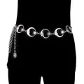 Silver punk waist chain with moon and star links and sun pendant on black background - Moon Waist Chain