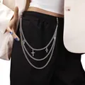 Chaîne de pantalon argentée à trois couches avec pendentifs croix et fermoirs mousquetons - Style Croix Strass Triple Couche / Argent