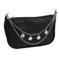 Detail of black embossed PU leather bag with silver double chain and coin pendants - Layered Portrait Coin Bag Chain