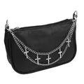 Black embossed faux leather baguette bag with silver chain and rhinestone cross pendants - Double Layer Cross Bag Chain