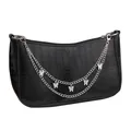 Black crocodile embossed hobo bag with trendy silver double butterfly chain straps - Layered Butterfly Bag Chain