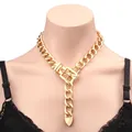 Detail of chunky gold chain necklace with belt buckle clasp and heart pendant - Square Buckle Gold Necklace