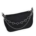 Black faux leather baguette bag with cartoon embossing and dual silver heart chains - Double Layer Heart Bag Chain