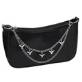 Black crocodile pattern crossbody bag with silver bird chain and metal ring details - Double Layer Bird Bag Chain