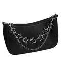 Detail of black faux crocodile skin hobo bag with silver star chain and metal link strap - Double Layer Star Bag Chain