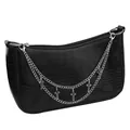 Detail of black crocodile texture crossbody bag with silver chains and gothic crosses - Double Layer Cross Bag Chain
