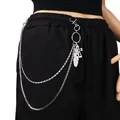 Catena per pantaloni a doppio strato in metallo argento con ciondoli a croce e piuma - Catena Pantaloni Doppio Strato Croce Traforata Piuma