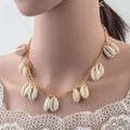 Bohemian style gold chain choker with multiple white seashell charms for women - Fine Style / Thin Chain Gold