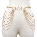 Gold multi-layer chain body belt with rhinestones and tassel fringe on a white model - Gold