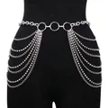 Multi-layer silver metal waist chain with rhinestone tassels for sexy body jewelry - Silver