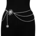 Silver multi-layer waist chain featuring sun mask pendants and adjustable lobster clasp - Silver Sun Layered Waist Chain