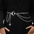 Detail of silver triple-layer metal waist chain with moon and star charms on black fabric - Silver Multi-Layer Moon Waist Chain