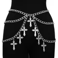 Multilayer silver punk body chain with gothic cross pendants on black mannequin - Silver