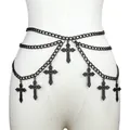 Gothic punk black metal layered body chain with seven engraved cross pendants - Black
