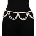 French vintage pearl waist chain with gold fringe dangles on black mannequin torso - Gold Pearl Waist Chain