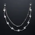 Punk style silver layered pant chain with lightning bolt metal links and dual clasps - Lightning Double Layer Pants Chain