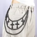 Gothic multilayer black cross pendant waist chain for punk and streetwear styling - Black Multi-layer Cross Pant Chain