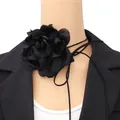 Elegant black 3D fabric flower choker necklace with long adjustable ribbon ties - Black