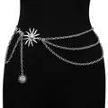 Silver sunflower layered metal body chain with sun pendants and adjustable lobster clasp - Silver Sun Layered Waist Chain