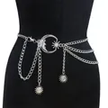 Silver multi-layer waist chain with crescent moon and sun pendants for skirts - Silver Moon Single Layer With Two Small Sun Pendants