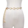 Golden sunflower waist chain with sun moon engraved heart links and tassel charms - Gold Five Hearts Sun Waist Chain