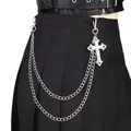 Silver multi-layer waist chain with vintage cross pendant on black pleated skirt - Silver Double Layer Cross Pendant Pant Chain