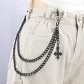 Double-layer matte black hip-hop waist chain with a vintage cross pendant for trousers - Black Double Layer Cross Pendant Pant Chain