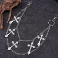 Punk style silver double-layer waist chain with five engraved cross pendants - Silver Double Layer Carved Cross Pant Chain