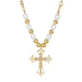 Baroque pearl necklace with a vintage gold hollow cross pendant and crystal accents - KC Gold (9803)