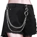 Punk style black denim shorts featuring double metal chains and spiked ring accessories - White K/Silver