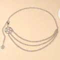 Detail of silver body chain with hollow star ring, triple layered tassels and lobster clasp - Vintage Star Style / Silver