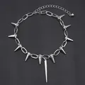 Detailed view of punk style silver chain necklace with spiked rivets on black leather - Style 2 Spike Rivet Necklace