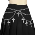 Gothic multilayer silver metal waist chain featuring vintage cross pendants on black skirt - Silver