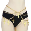 Detail view of multi-layered gold cross pendant waist chain for a gothic sexy look - Gold