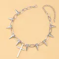 Detail view of silver punk chain necklace featuring sharp metal spikes and a cross pendant - Cross Rivet Necklace