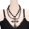 Collier gothique double rang en perles noires avec grand pendentif croix et strass - Collier Pendentif Grande Croix Strass