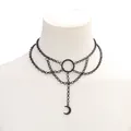 Gothic punk black layered choker necklace with moon crescent pendant and metal ring charm - Black Ring Moon Pendant Multi Layer Necklace
