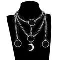 Punk style multi-layered silver chain necklace with crescent moon pendant on black neck model - Silver Multi Ring Moon Pendant Multi Layer Necklace