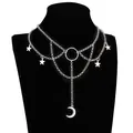Layered punk crescent moon necklace with silver stars and gothic chain on a display - Silver Star Moon Pendant Multi Layer Necklace
