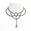 Gothic layered black metal choker featuring a crescent moon pendant and ring detail - Black Ring Moon Pendant Necklace