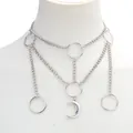 Collana girocollo punk argento multistrato con cerchi in metallo e pendente a luna - Collana Pendente Luna Anello Argento